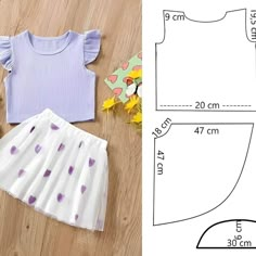 the sewing pattern for a skirt and top is shown next to it's measurements