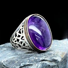 Amethyst Men Ring, Silver Handmade Natural Amethyst Stone Ring,  Large Silver Handmade Ring , 925k Sterling Silver Ring , Gift For Him ★Item Details * Gender : Male / Female * Material : 925K Sterling Silver * Gemstone : Natural Amethyst Ring * Total weight :  15 Grams ✔ Ready to Ship in 1-2 Business Days .. ✔ Shipped to the Worldwide 1-5 business days with free shipping... ✔ The product will be sent to you with a handmade wooden box to avoid any damage during shipping... ✔ Visit our store, brow Formal Spiritual Amethyst Ring, Purple Amethyst Hallmarked Signet Ring, Men Ring Silver, Handmade Wooden Boxes, Men Ring, Gold Collection, Amethyst Stone, Amethyst Ring, Ring Silver