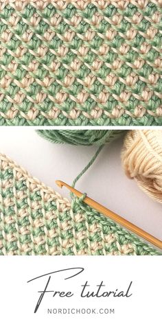 the knitting needle is being used to make a crochet afghan with green yarn