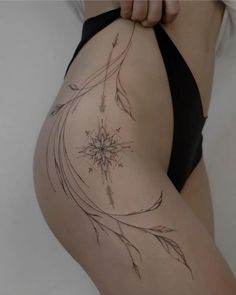 #tattoo #inked #tattoosforwomen #tattooinspiration #thightattoo Thigh To Waist Tattoo, Elegant Hip Tattoo, Line Art Hip Tattoo, Delicate Hip Tattoo, Thigh Tatoos Woman, Hip Line Tattoos Women, Thigh Tattoos Women Dainty, Delicate Thigh Tattoo, Neotribal Hip Tattoo