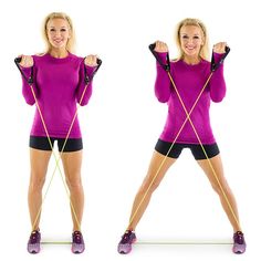 a woman in purple shirt doing exercises with resistance rope on white background, front and back view