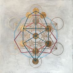 an abstract painting with gold, blue and red circles