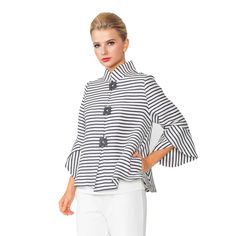 IC Collection Striped 3-Button Jacket in Navy & White - 6272J Off White Jacket, Joseph Ribkoff Dresses, Tulip Sleeve, Joseph Ribkoff, White Jacket, Long Sleeves Jacket, Jacket Buttons, Womens Fashion Casual, Jacket Style