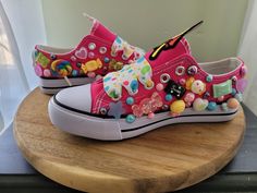 Cute Candyland sneakers are a great look for any little girl. Please attach note at checkout with size. No half sizes please Decorated Sneakers, Paint Sneakers, Birthday Shoes, Sneaker Ball, 9 Birthday, Painted Sneakers, Girls Shoes Sneakers, Painted Hats, Shoes Diy