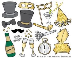 the new years clipart set includes masks, hats, and other items to celebrate