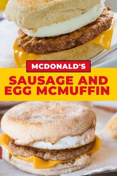 sausage and egg mcmuffin sandwich on a plate with the title mcdonald's sausage and egg muffin