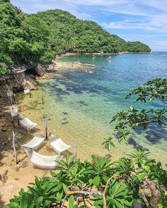 hammocks are set up on the shore of a tropical beach with clear blue water