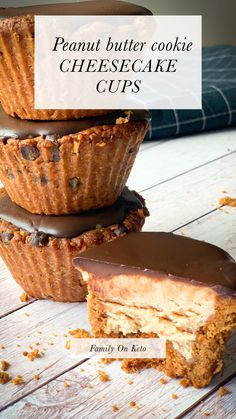 peanut butter cookie cheesecake cups stacked on top of each other