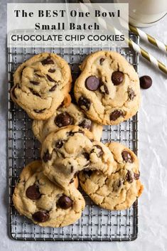 the best one bowl small batch chocolate chip cookies on a cooling rack next to a glass of milk