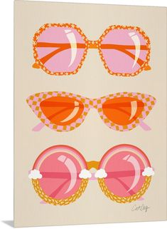 three pairs of sunglasses are shown on a white background with orange and pink shades in the middle