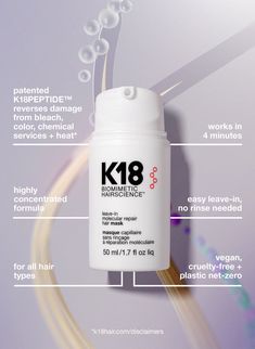 Full-Size Leave-In Molecular Repair Hair Mask 50mL | K18Hair Repair Hair Mask, Split Ends Hair, Healthy Hair Routine, Hair Dryness, Detox Shampoo, Hair Repair Mask, Repair Hair, Hair Kit