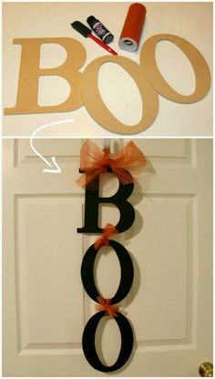 two pictures with the words boo on them and an orange bow hanging from it's front door