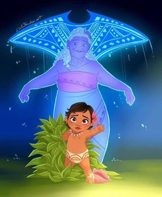 an animated image of a baby standing in front of a giant blue man with his arms outstretched