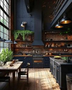 an industrial style kitchen with dark blue cabinets and wooden floors, potted plants on the wall