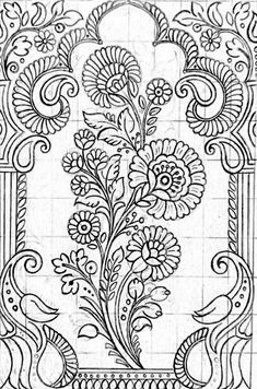 an intricately designed design with flowers and birds on the border, vintage line drawing or engraving