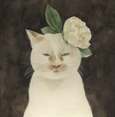 a painting of a cat with a flower on it's head, sitting in front of a brown background