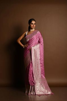 Pastel Mauve Pure Satin Silk Handloom Banarasi Saree - Anvi Couture Ruffle Saree, Cotton Gowns, Net Lehenga, Indo Western Dress, Banarasi Sarees, Green Silk, Dress Jewelry, Western Dresses, Traditional Jewelry