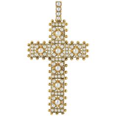 A Victorian pearl and yellow gold cross pendant, the openwork pendant in the form of a Latin cross, set throughout with natural half-pearls and embellished with yellow gold beaded decoration, to a yellow gold mount and pearl-set loop, circa 1870, measuring approximately 7 x 3.7cm, gross weight 15.58 grams. Should you choose to make this purchase we would be delighted to send it to you in a Bentley & Skinner handmade leather case packed in a gift-wrapped Bentley & Skinner black and gold presentat Pearl Cross Necklace, Rene Lalique, Dragonfly Pendant, Gold Cross Pendant, Bespoke Jewellery, Pearl Set, Cross Jewelry, Gold Cross, Pendant Set