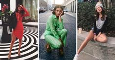 four different photos of women sitting on the ground, one in green and one in black