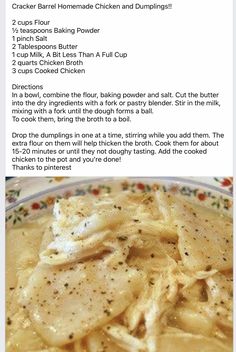 the recipe for chicken and dumpling soup is shown in this screenshot, with instructions on how to make it