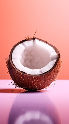 a half eaten coconut sitting on top of a pink surface