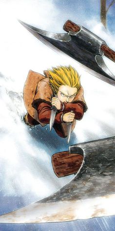 a man with blonde hair holding a knife in his hand while flying through the air