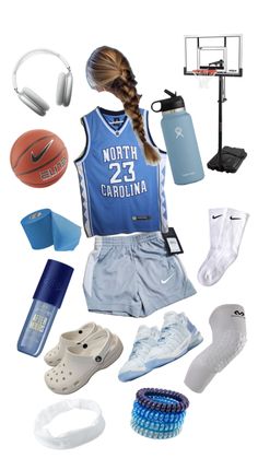 various sports items are arranged on a white background