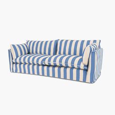 a blue and white striped couch on a white background