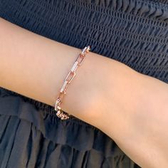 Chain Rose Gold Bracelet Cz Quality And Silver Elegant Rose Gold Diamond Bracelet With Chain, Elegant Chain Link Tennis Bracelet Gift, Elegant Silver Chain Link Paperclip Bracelet, Elegant Silver Chain Paperclip Bracelet As Gift, Elegant Silver Chain Paperclip Bracelet, Rose Gold Cubic Zirconia Bracelet With Tarnish Resistance, Rose Gold Chain Bracelet With Adjustable Rectangular Links, Diamond Accents Chain Link Bracelet For Gift, Chain Link Bracelet With Diamond Accents As Gift