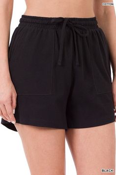 The drawstring waist shorts you'll want to live in all season long feature a relaxed cut of 100% breathable cotton. Features: Relaxed fit, drawstring elastic waist Material: 100% cotton Bright pink, charcoal, H beige, H grey, neon lime: 60% cotton 40% spandex Stretch: Slightly stretchy Care: Machine wash cold. Tumble dry low. Made in Cambodia Style #CP-3053, #CP-3054 Product Measurements Total waist: 26", inseam: 3.5" approx. Measured from small Drawstring Waist Shorts, Elastic Waist Shorts, Lounge Shorts, Fuchsia Color, Same Style, Drawstring Shorts, Sheer Fabrics, Shorts With Pockets, Black Charcoal