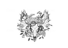 an animal skull with flowers and butterflies on it's head, surrounded by leaves