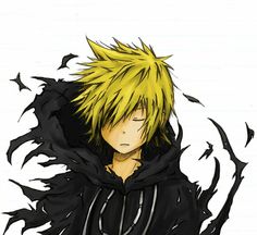 an anime character with yellow hair wearing a black hoodie and holding his hands on his chest