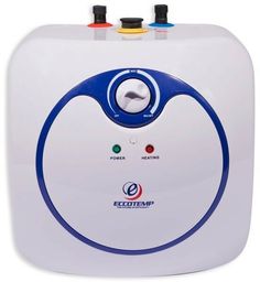 an electric water heater is shown on a white background with blue trimmings