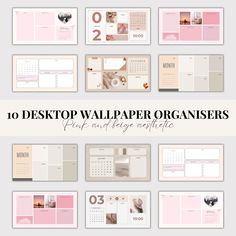 the top desktop wallpaper organizer is shown in pink and beige colors, with various photos on