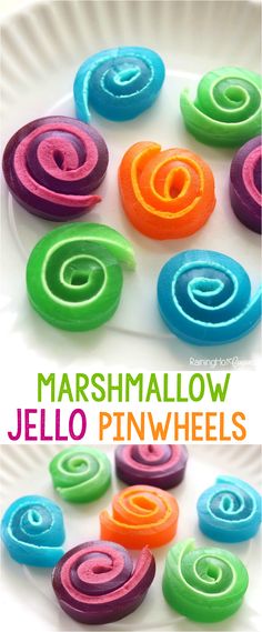 colorful jello pinwheels on a plate with the title marshmallow jello pinwheels