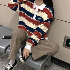 Tavimart Vintage College Sweatshirts With Polo Collar Long Sleeve Prep Teens Women y2k Aesthetic Streetwear Long Sleeve Polo Outfit Women, Oversized Polo Outfit Women, Oversized Polo Outfit, Long Sleeve Polo Outfit, Polo Outfit Ideas, Polo Shirt Outfit Women's, Long Sleeve Outfit Women, Vintage College Sweatshirts, Sweatshirts Aesthetic