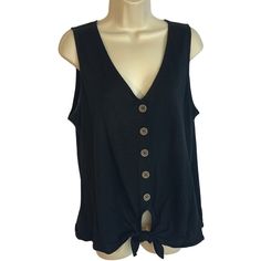 Sanctuary Clothing Nwt Button Down / Tie Front Sleeveless Blouse Lightweight 100% Cotton Deep V-Neck Size: Large Soft Black With Large Tan Buttons 20 Inch Pit To Pit 25 Inch Shoulder To Hem Summer V-neck Tank Top With Button Closure, Black Buttoned Summer Vest, Sleeveless Buttoned Top For Vacation, Sleeveless Tops With Buttons For Vacation, Black Buttoned Vest For Summer, Casual Black Tank Top With Button Closure, Black Buttoned Tops For Vacation, Black Casual Buttoned Tank Top, Casual Black Buttoned Tank Top