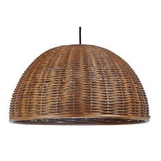 a brown wicker light hanging from a ceiling