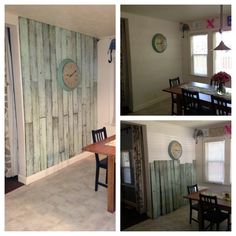 three pictures of the inside of a house with wood paneling on the walls and tables