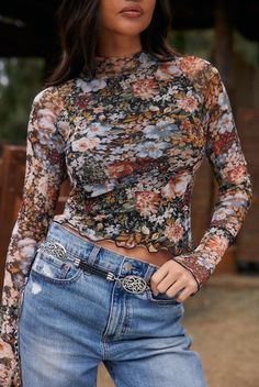 Floral Mesh Top, Mid Rise Straight Leg Jeans, Mesh Long Sleeve Top, Mock Neckline, In Full Bloom, Mesh Long Sleeve, Print Style, Mesh Material, Off Black