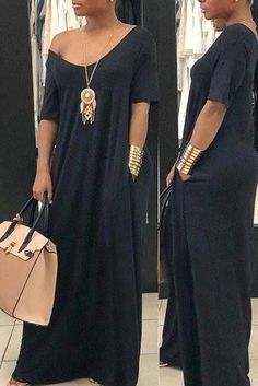 solid-color-short-sleeve-pocket-maxi-dress Black Plain V-neck Dress, Elegant Black Shift Maxi Dress, Casual Black Plain Maxi Dress, Pocket Maxi Dress, Short Sleeve Maxi Dresses, Long Dress Casual, Maxi Robes, Dresses By Length, Floor Length Dresses