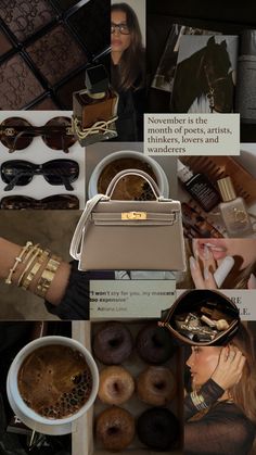 a collage of photos with different items including a purse, coffee and donuts