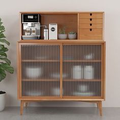 a wooden cabinet with glass doors next to a potted plant and a coffee maker