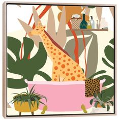 a giraffe sitting in a bathtub surrounded by plants and potted plants