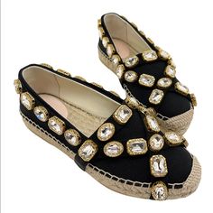 Brand New Authentic With Tags, Box, Dust Bags And Cards -Gucci Code Embossed In Leather Inside Shoe: 573025 -Size: Us 6/ Eu 35+ -Insole Length: 8.75 Inches -Crystals Embellished Jeweled Stud Accents -Black Canvas -Leather Interior Made In Spain Item #1477 Elegant Black Slip-on Espadrilles, Chic Gucci Espadrilles With Round Toe, Elegant Gucci Espadrilles With Round Toe, Designer Black Closed Toe Espadrilles, Luxury Black Closed Toe Espadrilles, Luxury Black Round Toe Espadrilles, Black Luxury Flat Espadrilles, Gucci Designer Closed Toe Espadrilles, Designer Gucci Closed Toe Espadrilles