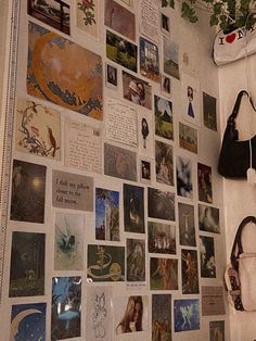 there is a wall covered with pictures and other things on the wall in this room