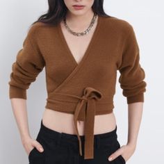 Zara Brown Knit Wrap Sweater - Nwot Size Small V-Neck Cropped Cardigan Front Tie Wrap Closure. It Is So Soft, You Will Not Want To Take It Off. Beautiful Brown / Camel Color. Fitted Textured Knit V-neck Outerwear, Knit Wrap Tops For Fall, Zara Cozy V-neck Cardigan, Zara V-neck Cozy Cardigan, Cozy Zara V-neck Cardigan, Zara Knitted V-neck Cardigan, Cozy V-neck Zara Cardigan, Winter Wrap Tops For Layering, Fall V-neck Cropped Sweater For Layering