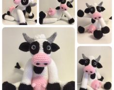 four different pictures of a stuffed cow