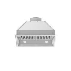 a white wall mounted range hood with two lights