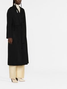 tied-waistband detail coat from P.A.R.O.S.H. featuring jet black, wool, tied waist, classic lapels, long sleeves and mid-length. | P.A.R.O.S.H. Tied-Waistband Detail Coat Black Wool, Jet Black, Mid Length, A R, Duster Coat, Long Sleeves, Wool, Long Sleeve, Black